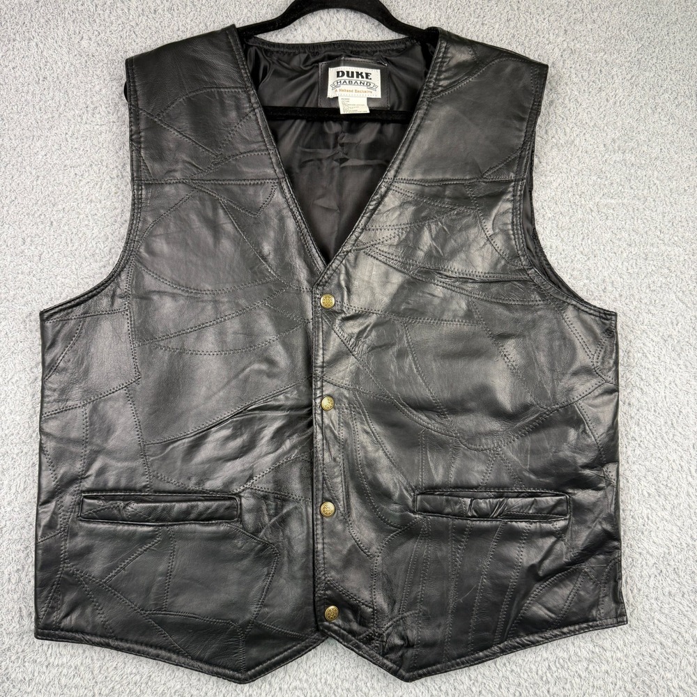 Duke Haband Large Leather Vest Mens  Black Patchwork Biker Motorcycle V Neck 90s